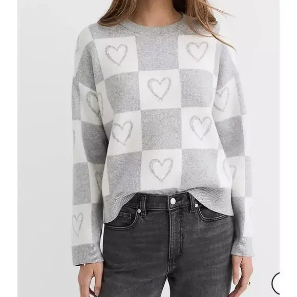 NWT LOFT Gray Heart Checkered Love thick soft Sweater Size Large MSRP $89.95 - Picture 2 of 8